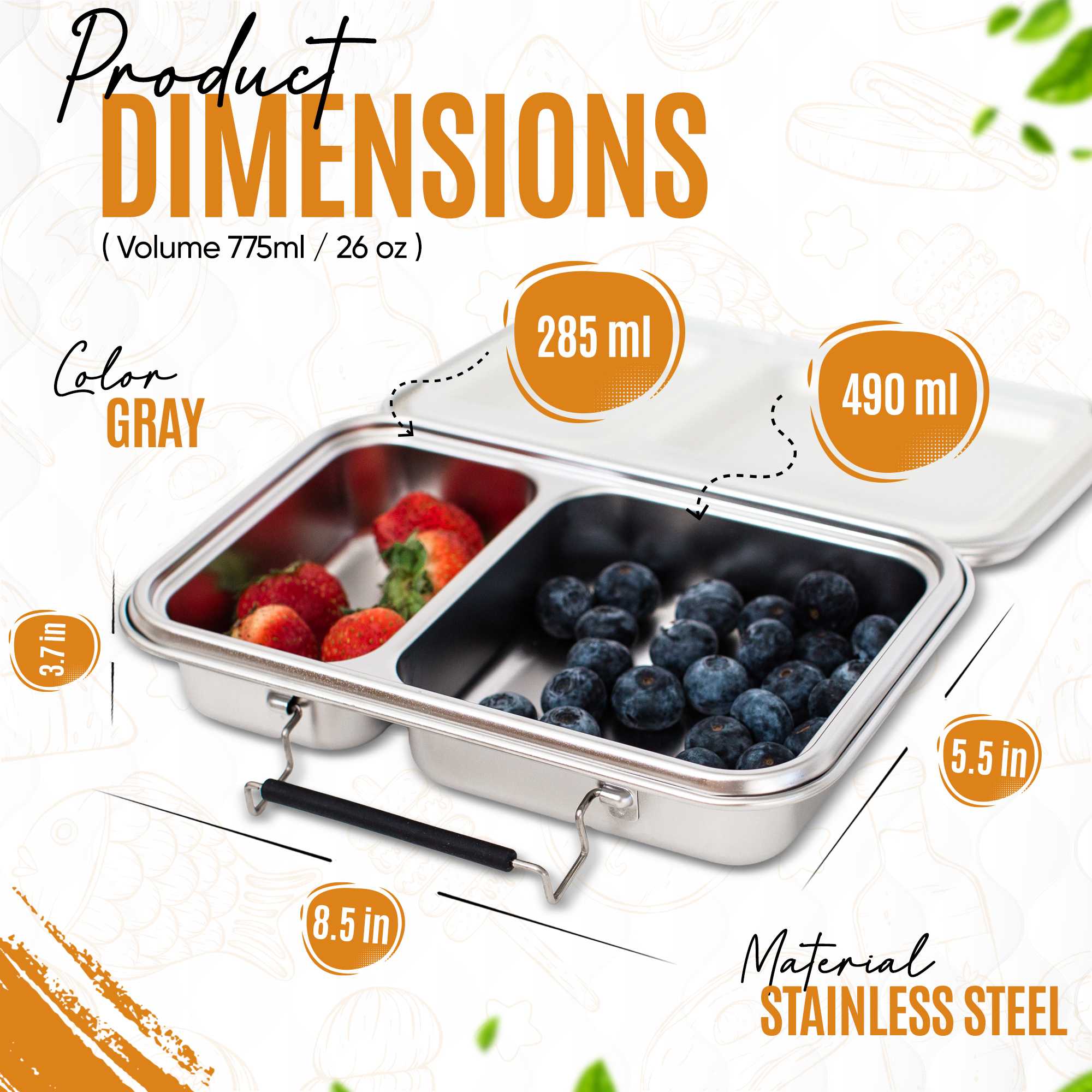 ZandH Global Stainless Steel Bento Lunch Box, 2 Compartments w/Utensils, Leak Resistant and Dishwasher Safe.