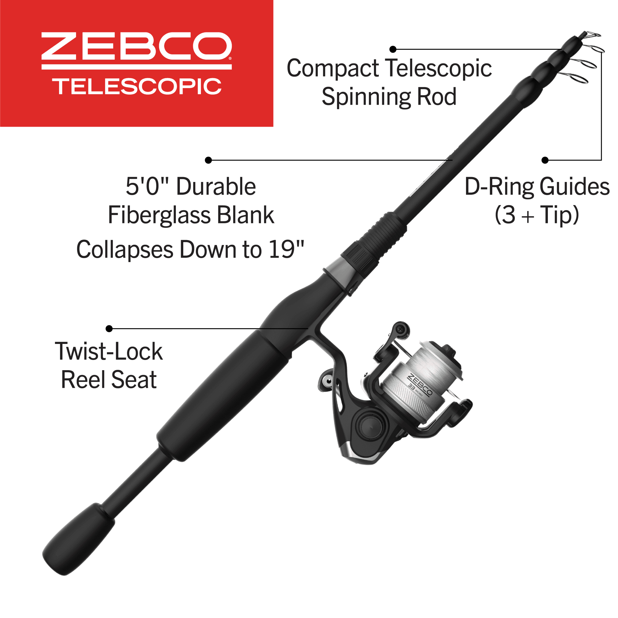Zebco 33 Micro Spinning Reel and Telescopic Fishing Rod Combo, Extendable  19-Inch to 5-Foot Telescopic Fishing Pole with ComfortGrip Rod Handle,  QuickSet Anti-Reverse Fishing Reel, Silver/Black 