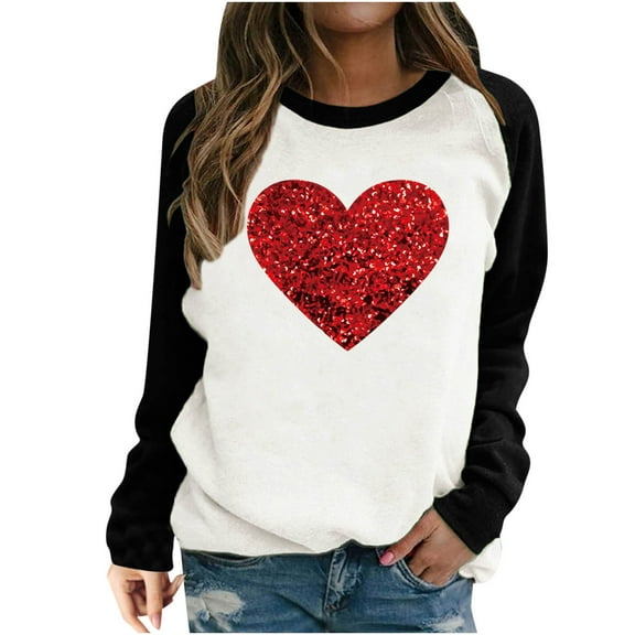 Ruimatai Valentine'S Day Sweatshirt For Women Plus Size Couple Tops Women Heart Sequin Print Long Sleeve T-Shirt Raglan Sleeve Top