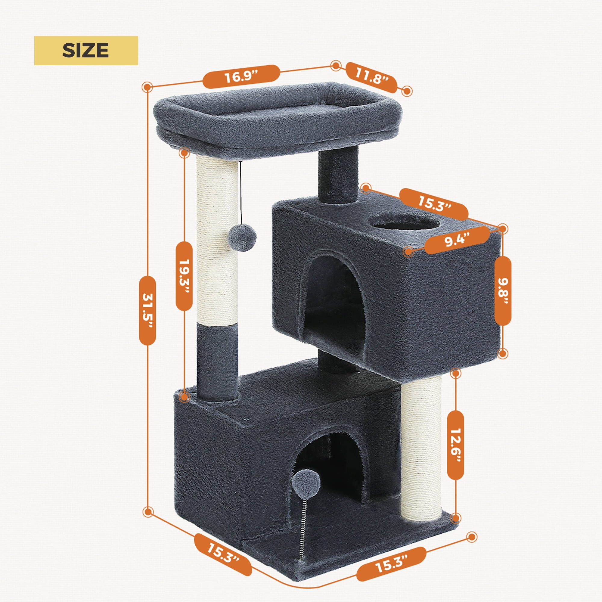 PEQULTI 31.5" Modern Cat Tree Tower with Dual Large Condos for Kitten ＆ Medium Size Cat Dark Gray