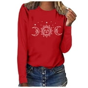 sebulube Women's Print O Neck T-shirt Long Sleeve Casual Blouse Top