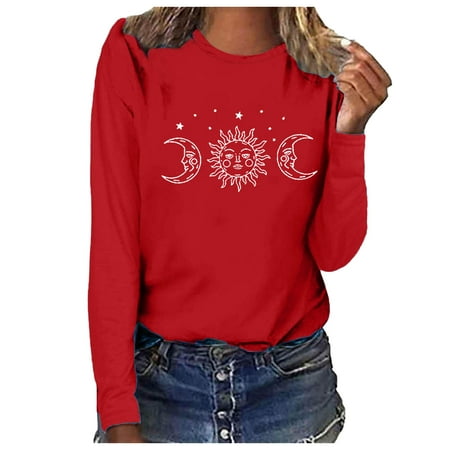 sebulube Women's Print O Neck T-shirt Long Sleeve Casual Blouse Top