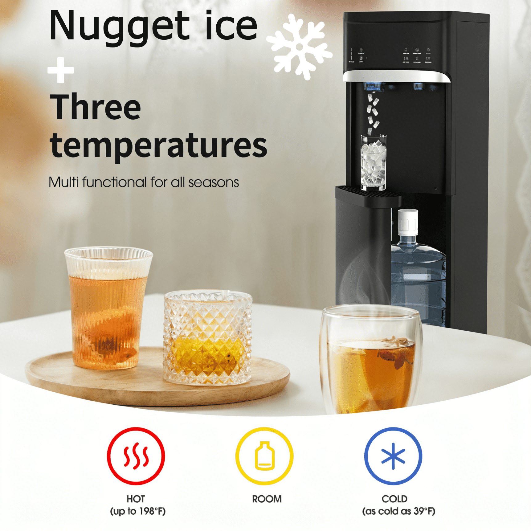 IKT Bottom Loading Water Dispenser with Nugget Ice Maker,Self-Clean,44lbs/Day,5 Gallon,,3-Temp(Cold/Hot/Room),Child Lock,for Home & Office,Black