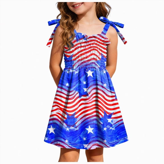 KPOPLK Toddler Baby Girl 4th of July Outfit American Flag Bow Smocked Dress Plaid Ruffle A-Line Dress Patriotic Clothes(5-6 Years,Blue)
