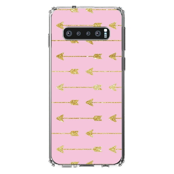DistinctInk Clear Shockproof Hybrid Case for Samsung Galaxy S10 (6.1" Screen) - TPU Bumper, Acrylic Back, Tempered Glass Screen Protector - Pink & Gold Print - Arrows Pattern