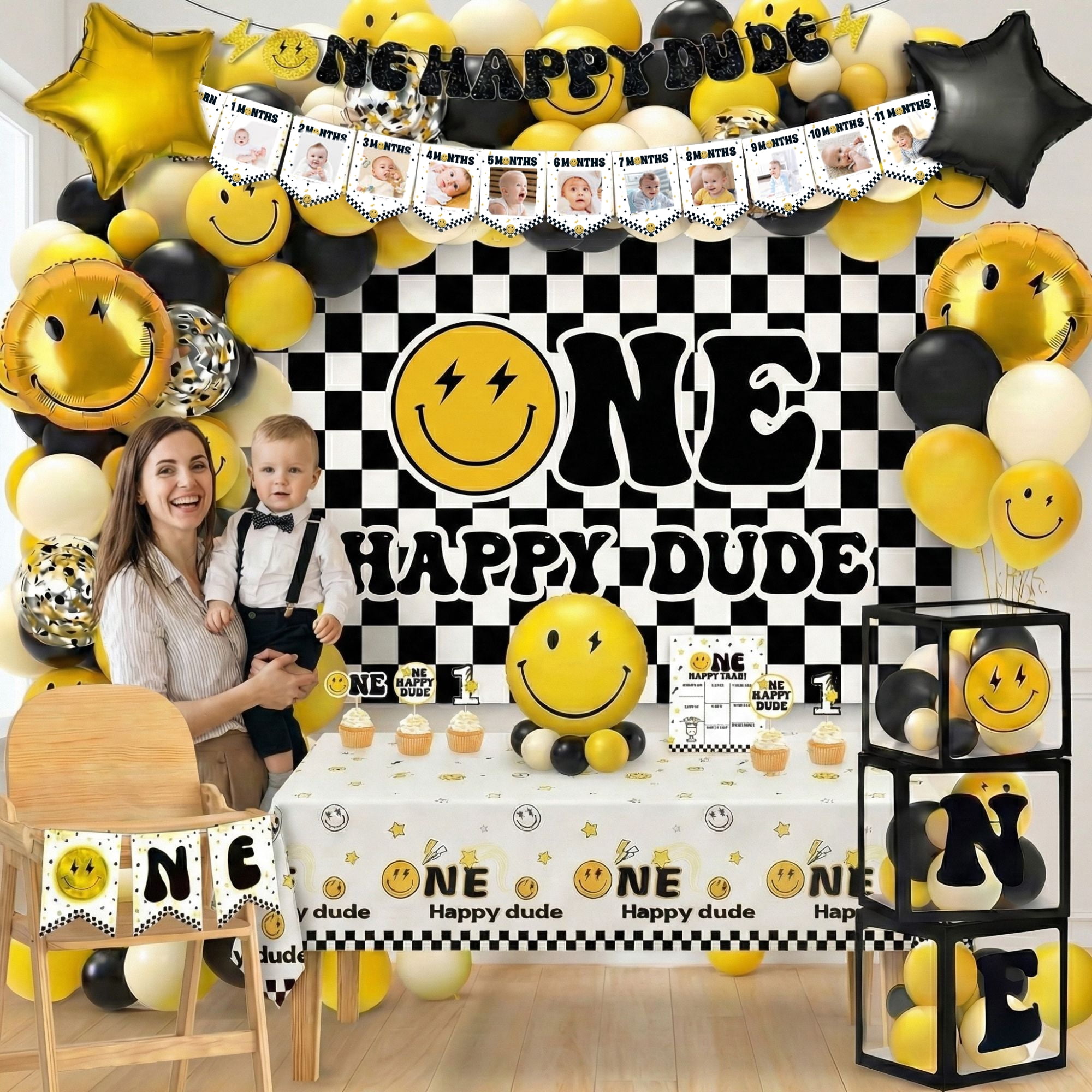 EMPIRE PARTY Supply 1st Birthday Party Decoration Kit, One Happy Dude Theme, Backdrop, Balloon Arch, ONE Boxes, High Chair Banner, Unisex