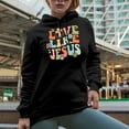 thumbnail image 2 of Distressed Retro Wavy Love Like Jesus Text Art Merch Gift, Black Hooded Sweatshirt or Hoodie, Small, 2 of 5