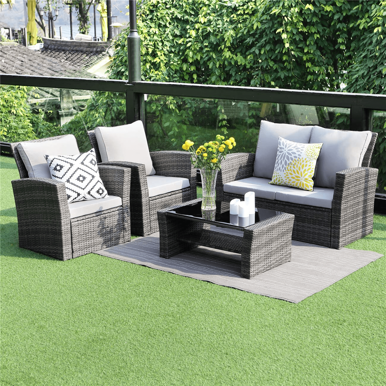 4PCS Patio Furniture Rattan Wicker Sectional Sofa Chair Couch Set Deluxe Outdoor 