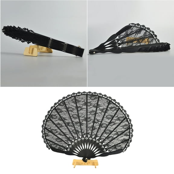HEMOTON Elegant Black Lace Folding Fan with Bamboo for Decor Use Vintage Cheongsam .2 inches
