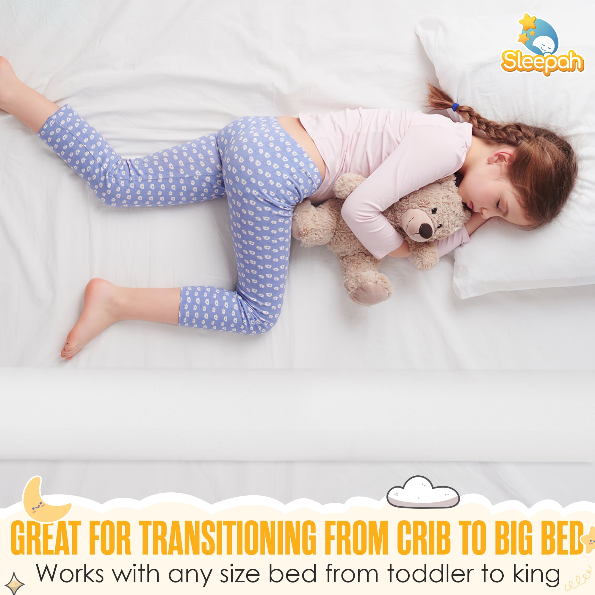 Sleepah Toddler Bed Rail - 2 Pack, Memory Foam, Dual Non-Slip Pads, Washable, White