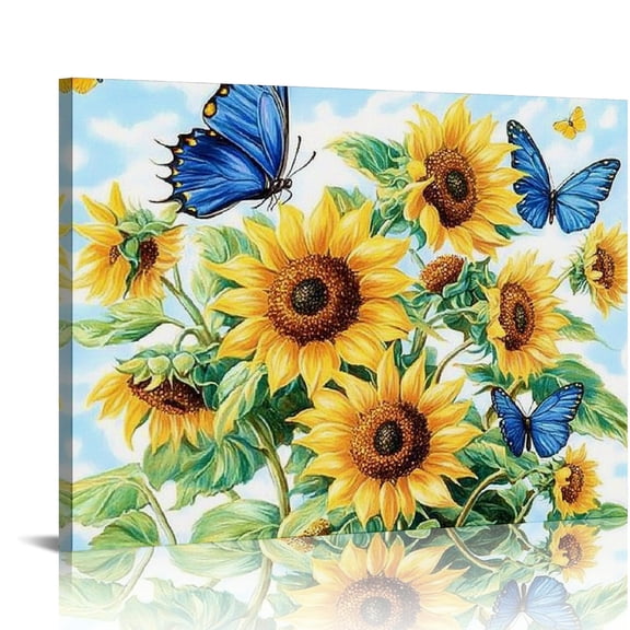 Patifu Sunflower Canvas Wall Art Art Prints, Spring Blue Butterfly Paintings Oil Painting, Summer Plants Home Decor Living Room Office Wall Decor Ready to Hang Canvas Prints Artwork 20x16in