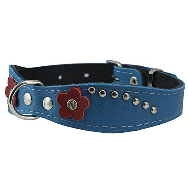 Blue Genuine Leather Designer Dog Collar 14 5 X1 With Studs Daisy And Rhinestone Walmart Com