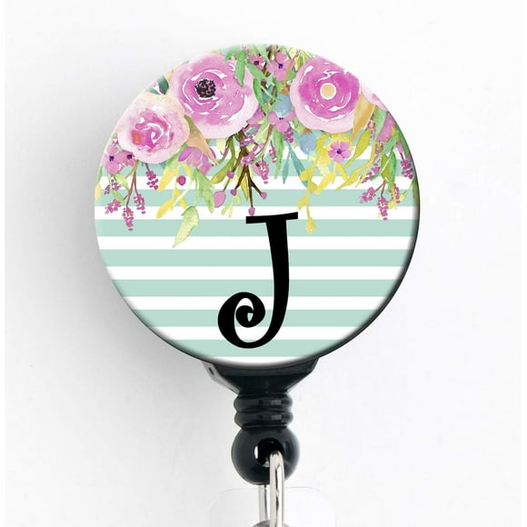 J Initial Blue Stripe Floral - Retractable Badge Reel with Swivel Clip and Extra-Long 34 inch Cord - Badge Holder