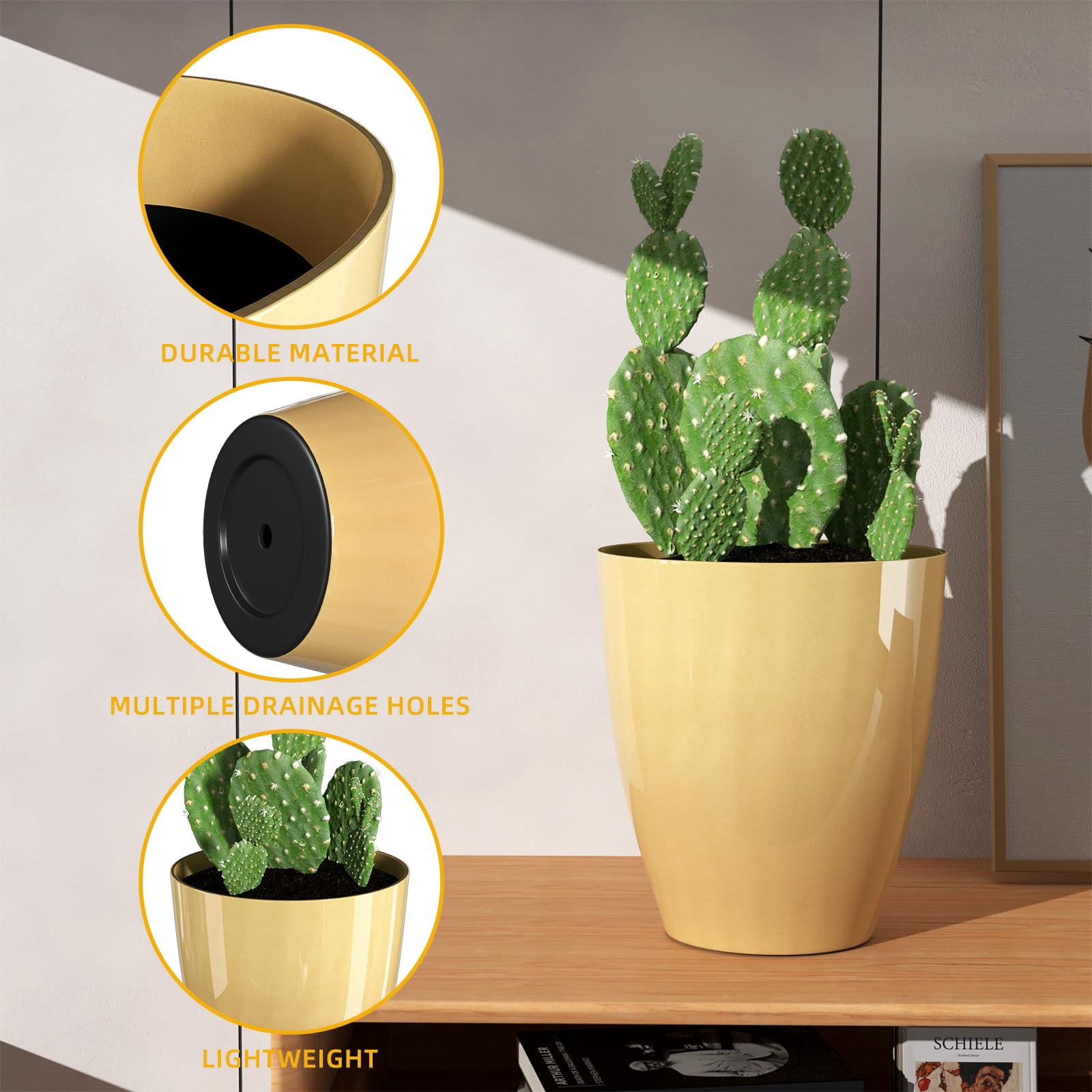 Plant Pots Set of 2 Pack,10 Inch Plant Pot for Indoor,Planter with Drainage Hole,Flower Pots Modern Round Planters for Outdoor Garden Home,Golden