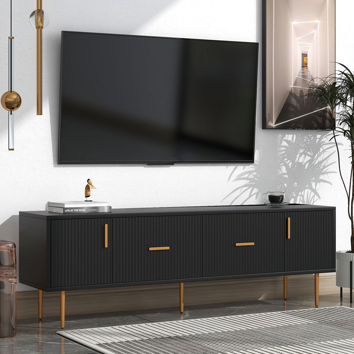 Kepooman Modern TV Stand with 5 Champagne Legs, TV Cabinet with Storage Bin for Living Room, Black Kepooman Modern TV Stand with 5 Champagne Legs, TV Cabinet with Storage Bin for Living Room, Black