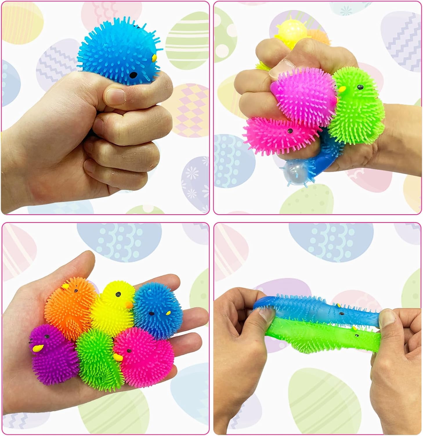 Prefilled Easter Eggs with Chick LED Puffer Balls, Light Up Stress Relief Fidget Toys Squeeze Sensory Ball