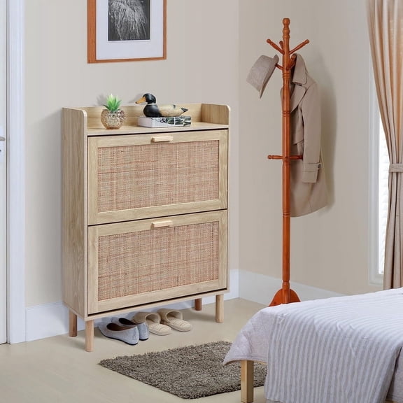 Finnhomy Extended Edition Shoe Cabinet with Natural Rattan Drawers, 2-Tier Slim Organizer