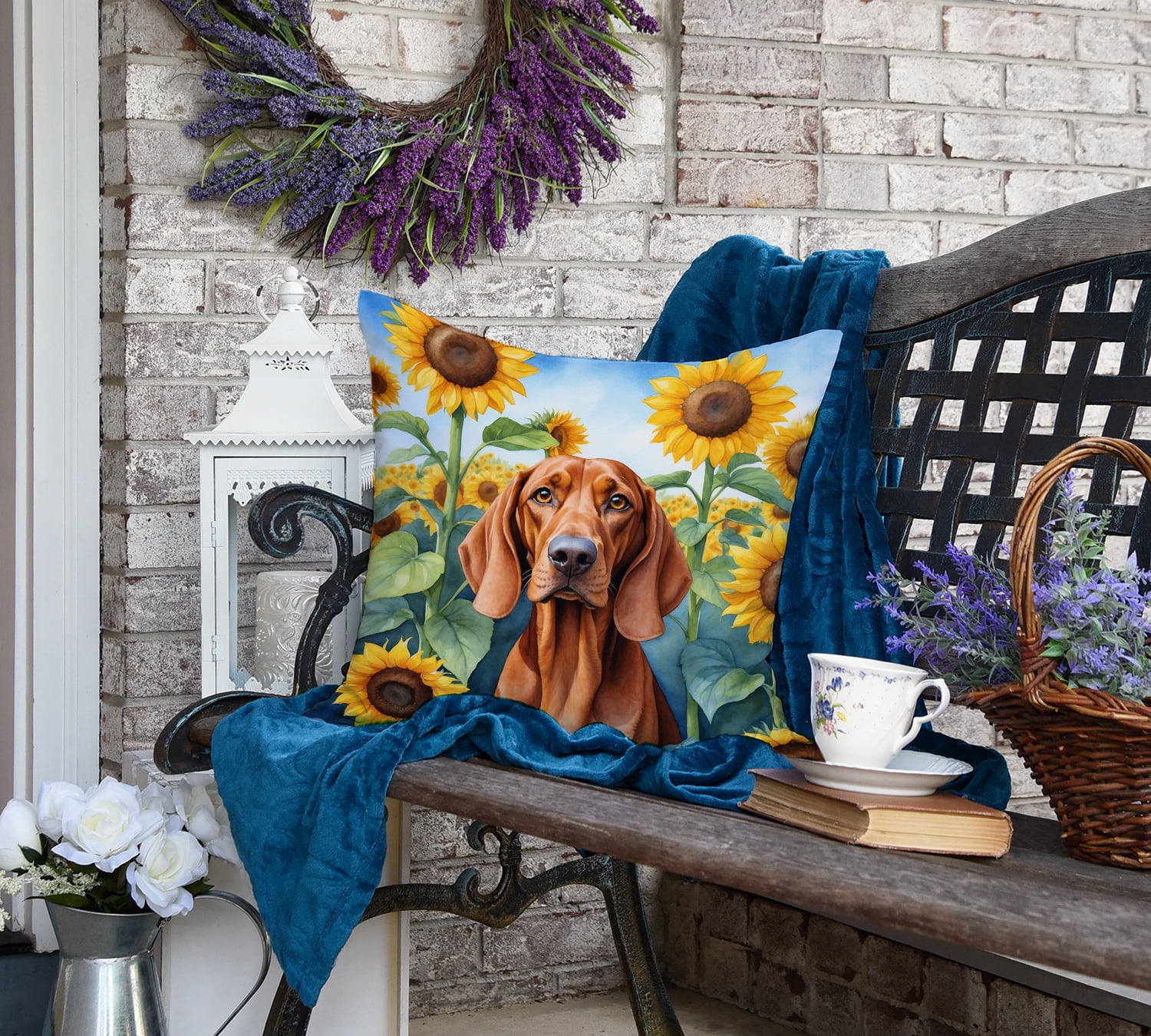 Redbone Coonhound in Sunflowers Throw Pillow 18 in x 18 in