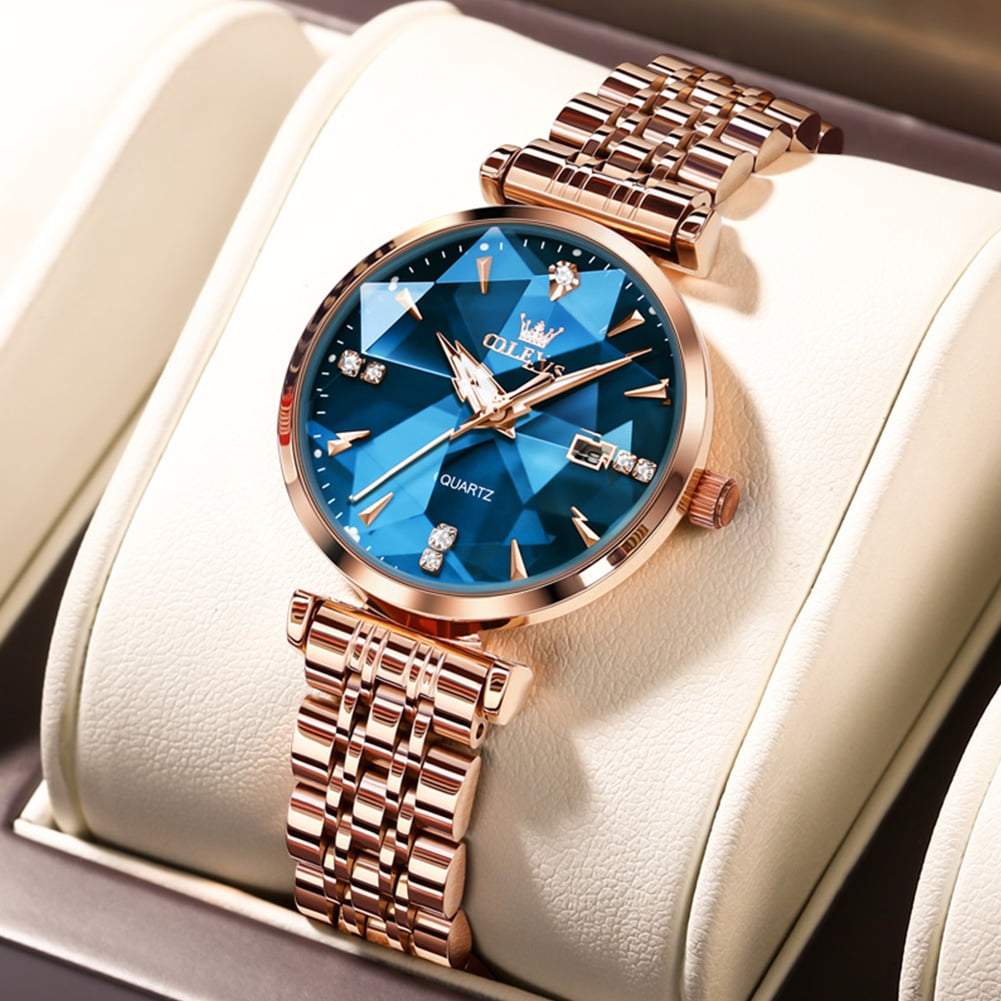 OLEVS Women Watch Fashion Rose Gold Diamond Analog Quartz Female Watch for Women Luxury Dress Ladies Stainless Steel Luminous Waterproof Date Wrist Watches Blue Dial