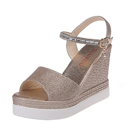 Penkiiy Fish Mouth Medium Wedge Heel Metal Buckle Women s Sandals Summer Casual Beach Ladies Round Toe Shoes Comfortable and Lightweight for Women Teen Girls