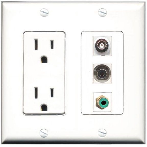 RiteAV - 15 Amp Power Outlet 1 Port RCA Green 1 Port 3.5mm 1 Port BNC Decorative Wall Plate