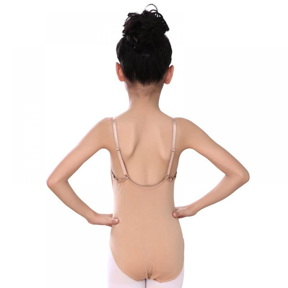Girls Cotton Ballet Dancewear Gym Nude Tan Strap Low U Back Leotard Bodysuit 