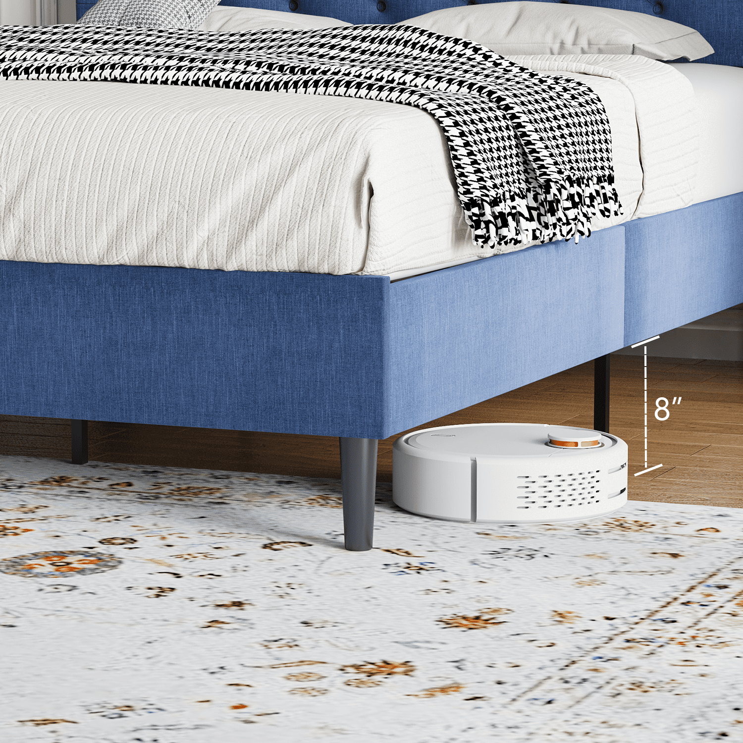 4 Ever Winner King Size Bed Frame, Upholstered Platform Bed with Headboard, Button Tufted Headboard, Blue