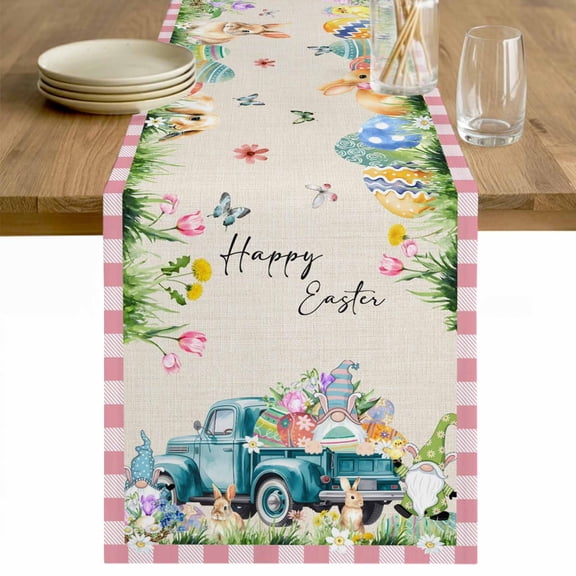 Easter Table Runner - 108 Inch Long Pink Plaid Blue Truck Eggs Bunny Retro Art Cotton and Linen Blended Dress Scarves Farmhouse Table Runner for Kitchen Dining, Coffee Table, 13" x 108"