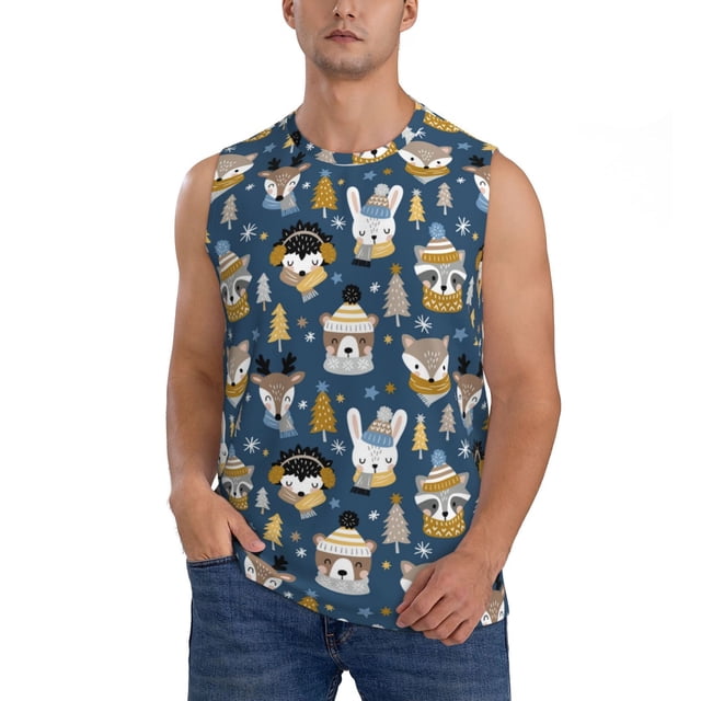 Fotbe Winter Animal Friends Men's Camiseta sin Mangas Estampada para Hombres, Playera Casual para Gimnasio, Entrenamiento, Playa-Medium