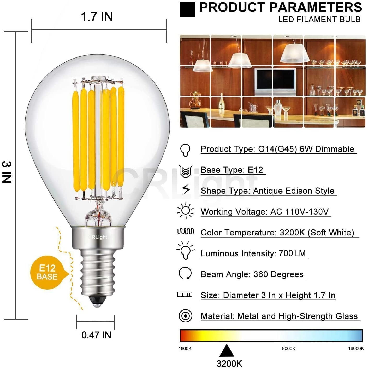 Clear Glass Globe Shape G45 CRLight 6W Edison LED Globe Bulb 3200K Soft White 70W Equivalent 700LM Dimmable 360 Degree Beam Angle E12 Candelabra Base Vintage Tiny G14 6 Pack Clear Glass Globe Shape G45 CRLight 6W Edison LED Globe Bulb 3200K Soft White 70W Equivalent 700LM Dimmable 360 Degree Beam Angle E12 Candelabra Base Vintage Tiny G14 6 Pack