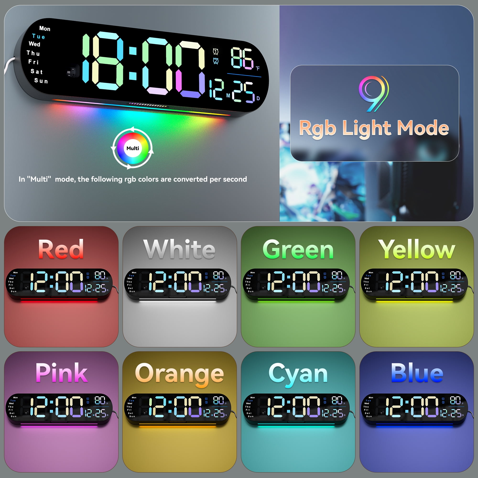 Large Digital Wall Clock with Dual Alarms and 10-Level Automatic Brightness Adjustment Remote Control to Easily Set The Wall Clocks, 13’’ Colorful Wall LED Clock for Bedroom, Living Room Decor