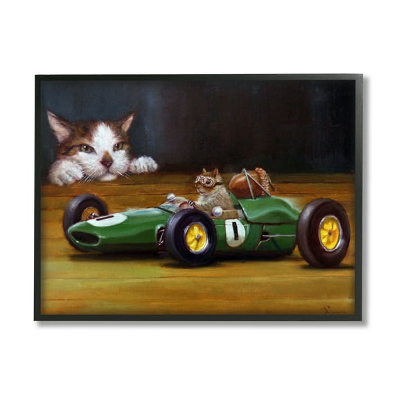 Stupell Industries Funny Squirrel in Race Car Animals & Insects Painting Black Framed Art Print Wall Art, 14 x 11