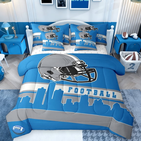 Homewish Boys Ball Lover 7-Piece Twin Bedding Sets,Rugby Football Sport Bedding Comforter Set,Blue Gray White Sheet Sets For Teens,Ultra Soft Home Decor Reversible