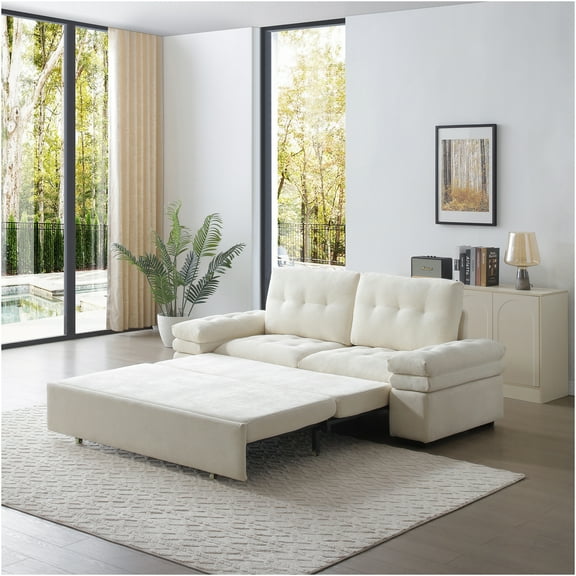 JERFIT 3-in-1 Convertible Sleeper Sofa Bed with Chaise, Modern Linen Fabric Pull Out Couch for Small Spaces, Beige