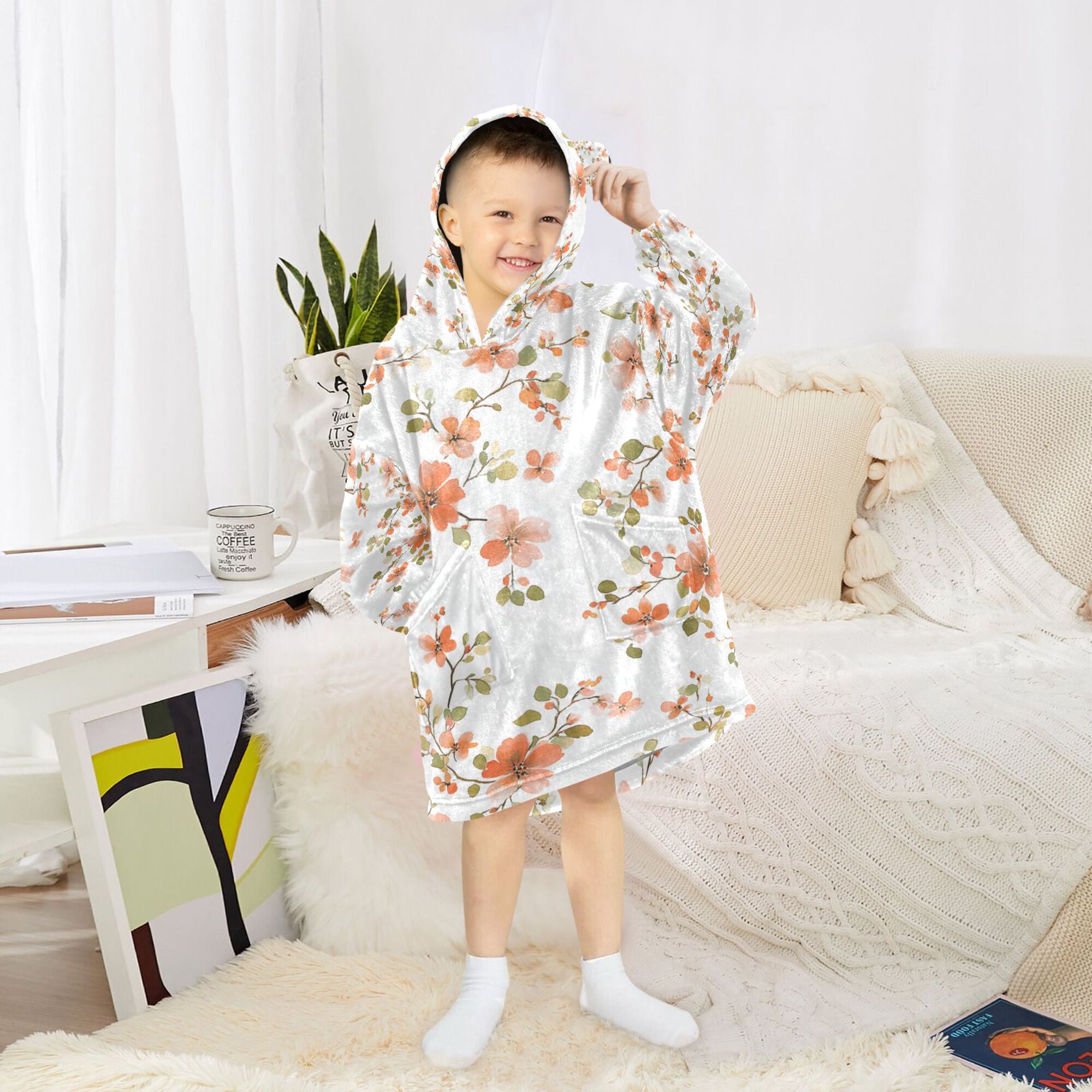 FORMRS Wearable Blanket Hoodie with Sleeves for Kids Cozy Flannel Sweatshirt, Orange Floral Blooms