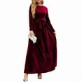 thumbnail image 2 of Women'S Elegant Velvet Belted Pleated Long Sleeve Party Formal Wedding Guest A-Line Maxi Long Dress Dark Red M, 2 of 9