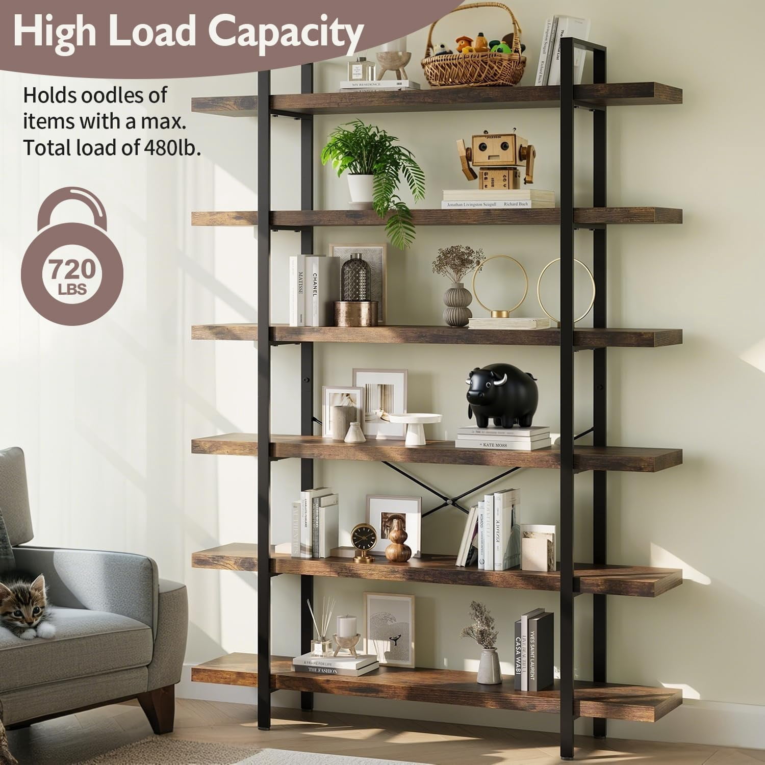 6-Tier Industrial Bookcase, 47 Inch Wide Wood Bookshelf, 120lbs Shelf Capacity, Rustic Open Shelving Heavy Duty Display with Reinforced Horizontal Brown Shelves for Living Room Bedroom Office