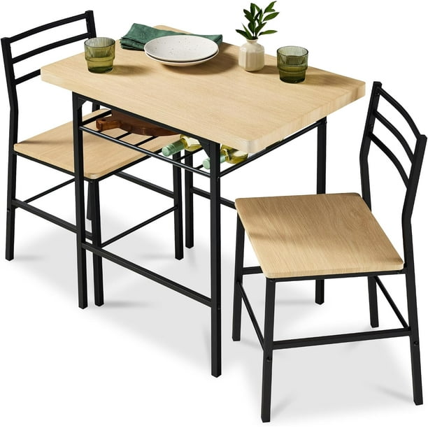 Songqin 3-Piece Modern Dining Set, Space Saving Dinette for Kitchen, Dining Room, Small Space w/Steel Frame, Built-in Storage Rack - Natural/Black