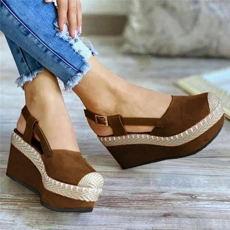 

NEGJ Women s Fashion Casual Straw Shoes Baotou Buckle Strap Large Wedge Sandals