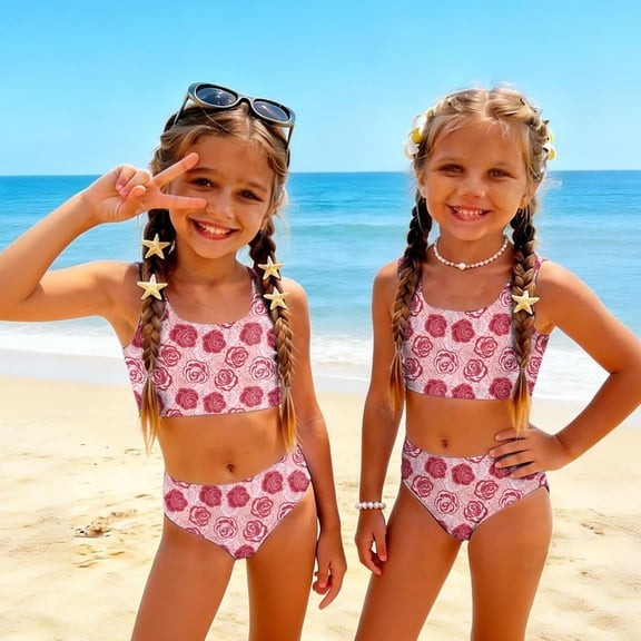 CCRFTGI Girls Swimsuits Size 10-12 2 Piece Set Swimming Bikini Set Beach Holiday Girls Bathing Suit Cute Summer Floral Print Girls Fashion Tankini Swimsuits Swimwear Red 7-8 Years