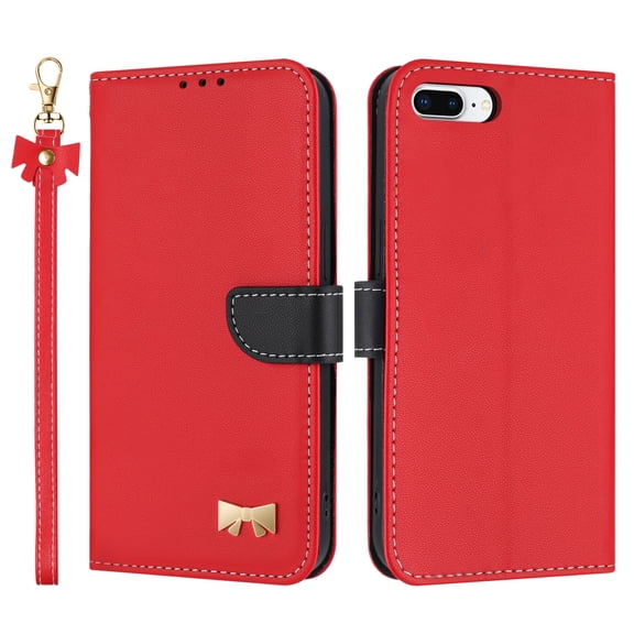 Allytechgroup Flip Wallet Case for iPhone 8 Plus/7 Plus, RFID Blocking PU Leather Phone Case with Credit Card Slot Shoulder Strap Wrist Strap Shockproof Back Cover for iPhone 8 Plus/7 Plus, Red