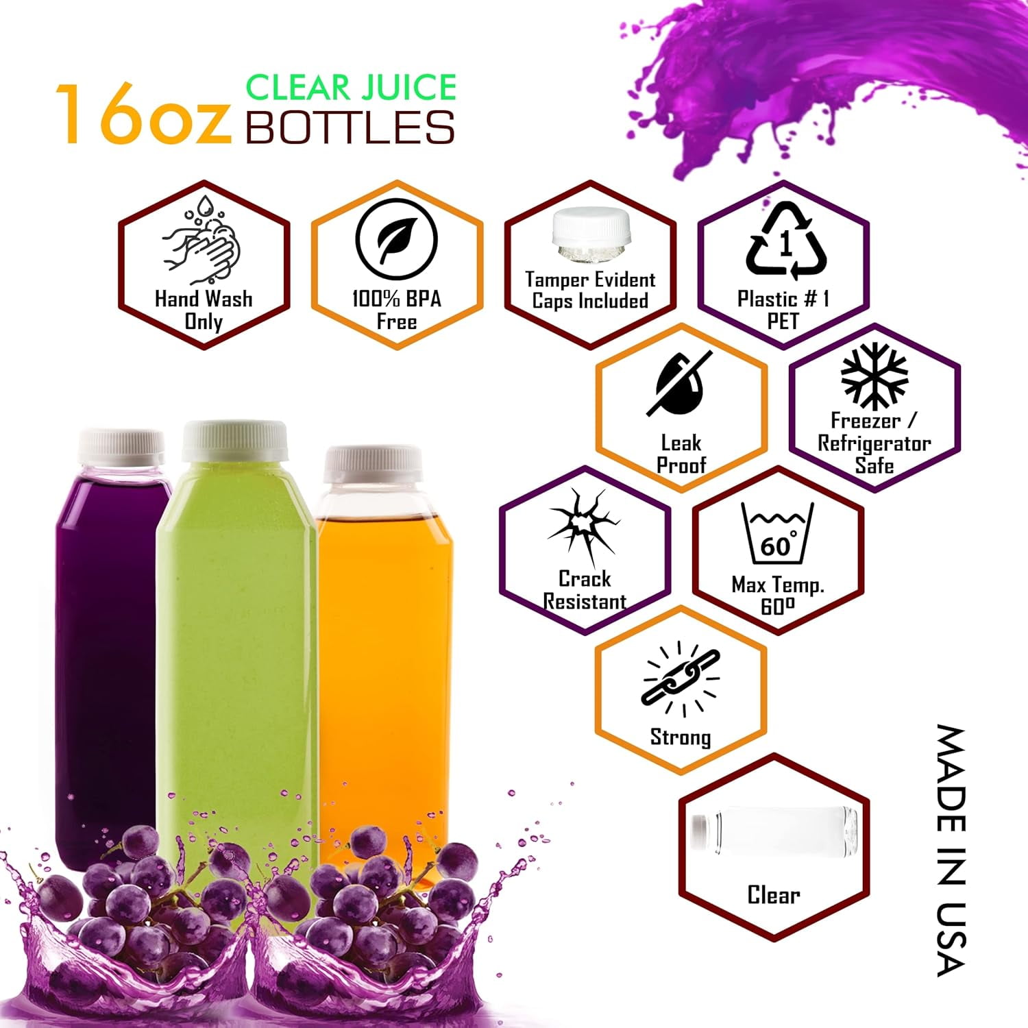 [50 PACK] Empty Clear Plastic Juice Bottles with Tamper Evident Caps 16 OZ - Smoothie Bottles - Ideal for Juices, Milk, Smoothies, Picnic's and even Meal Prep by EcoQuality Juice Containers