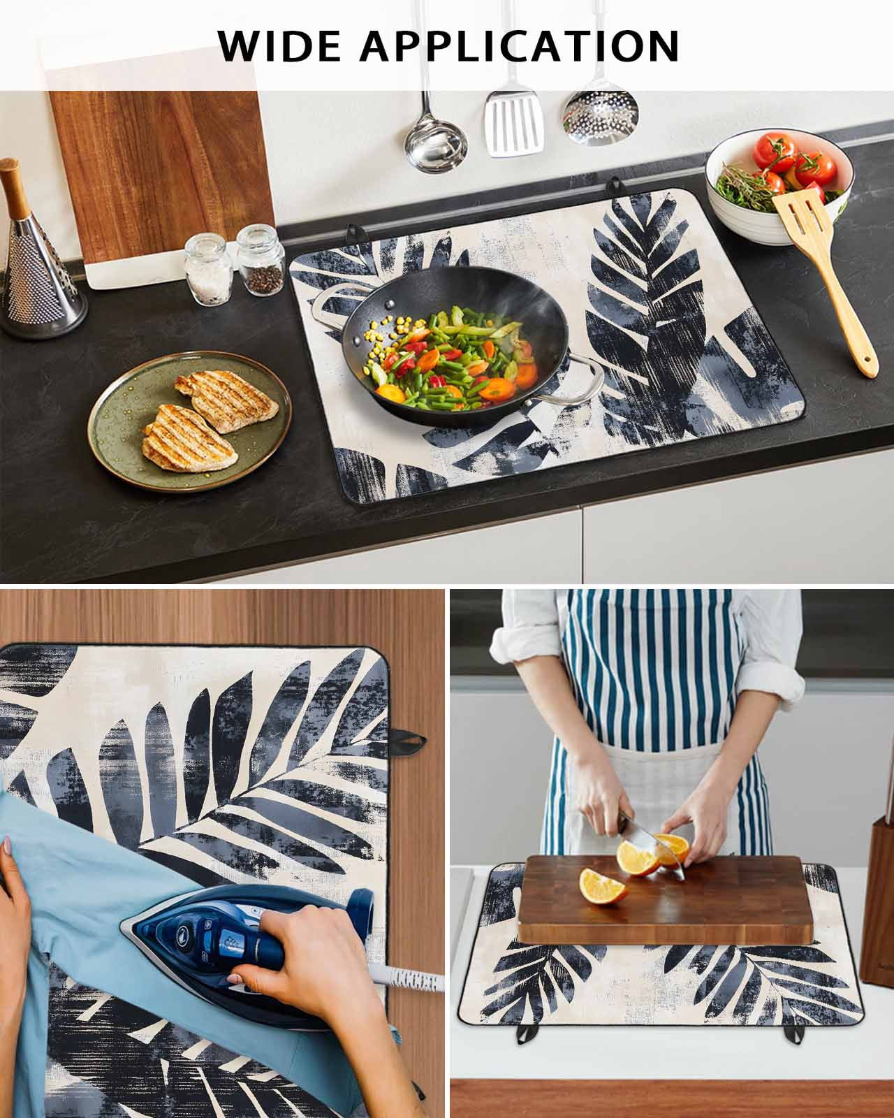 nqOlkjepod Large Induction Cooktop Protector Mat 24"x21", Navy Blue Palm Leaf Stove Top Covers for Electric Stove, Tropical Botanical Vintage Leaves Stove Burner Cover Mats, Glass Top Stove Cover