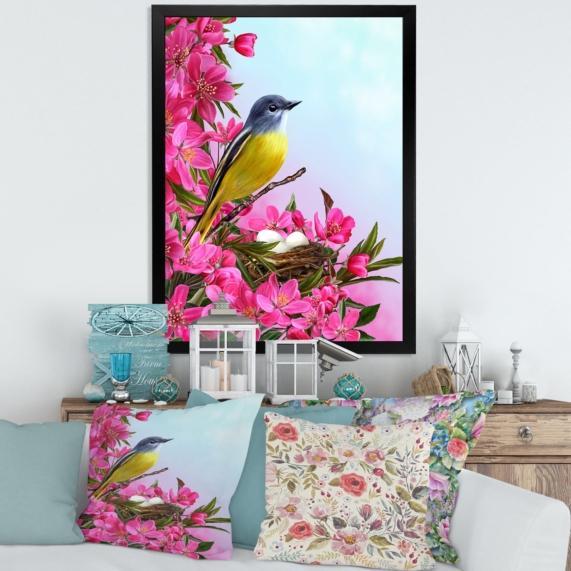 Designart 'Little Yellow Bird Near The Nest with Pink Flowers' Traditional Framed Art Print