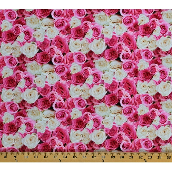 Cotton Roses Pink and White Flowers Floral Valentine's Day Cotton Fabric Print by the Yard (062322)