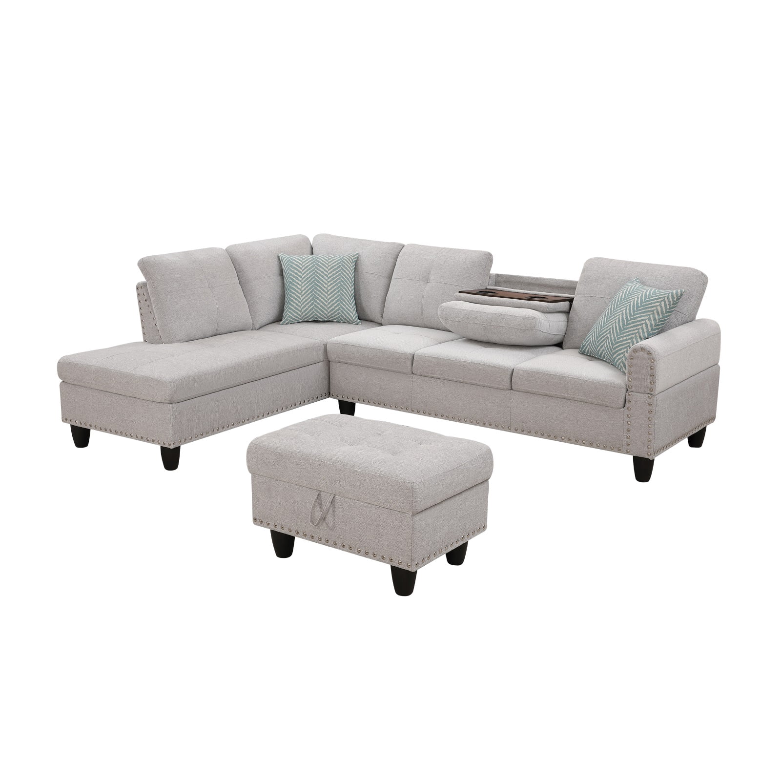 Hommoo L-Shaped Upholstered Sectional Sofa Couch with Storage & Cup Holders, Linen Living Room Sofa Set, With Ottoman, Light Gray