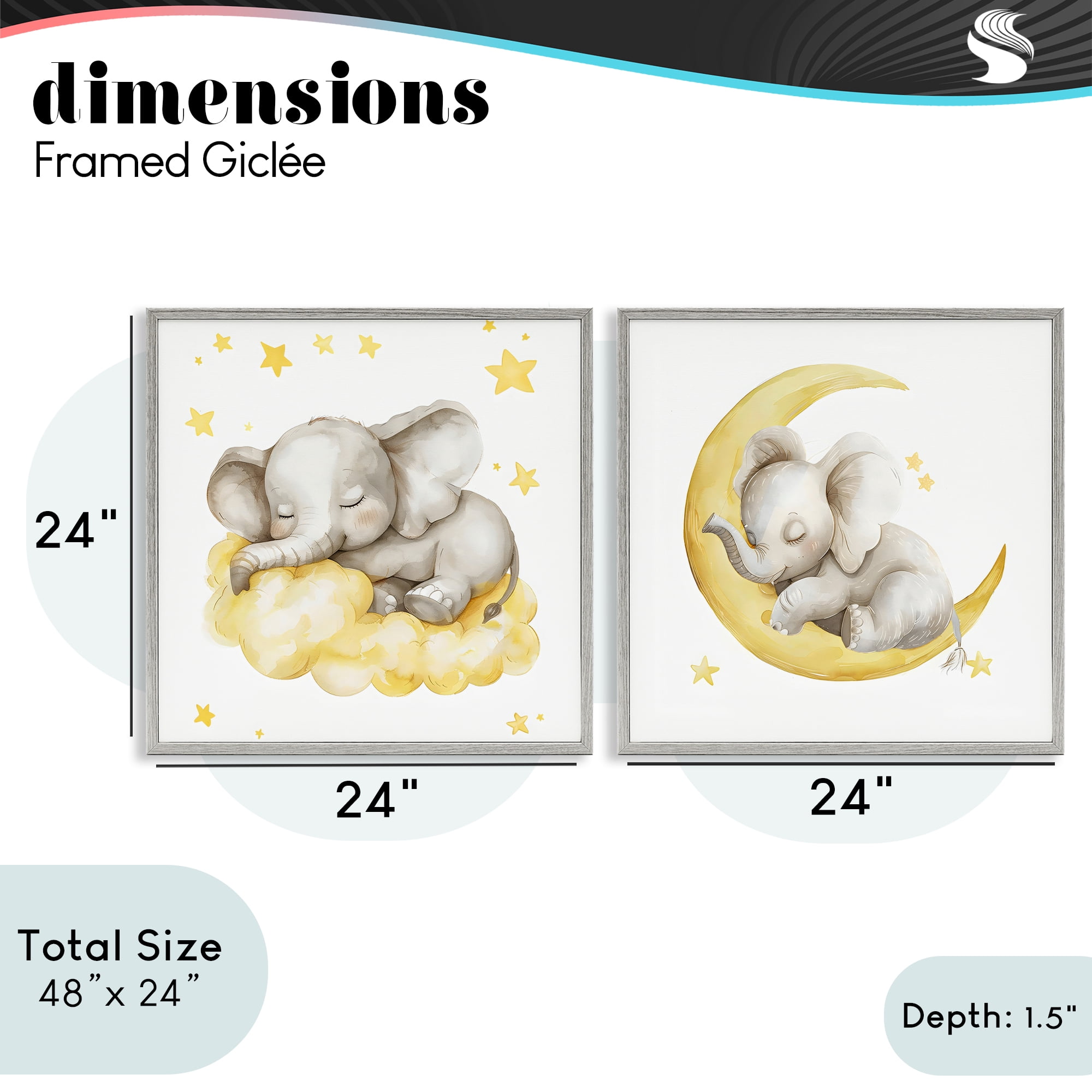 Stupell Industries Sleeping Elephant Moon and Clouds 2 Piece Gray Framed Giclee Art Set, design by LSR Design Studio
