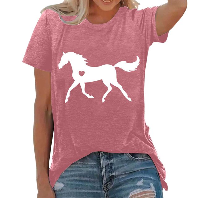 JIRNDf T-Shirt pour Femmes Hauts Tendance Mode Été Imprimé Ample Col Rond Manches Courtes Mignon T-Shirts Graphiques pour Femmes Chemises Rose m