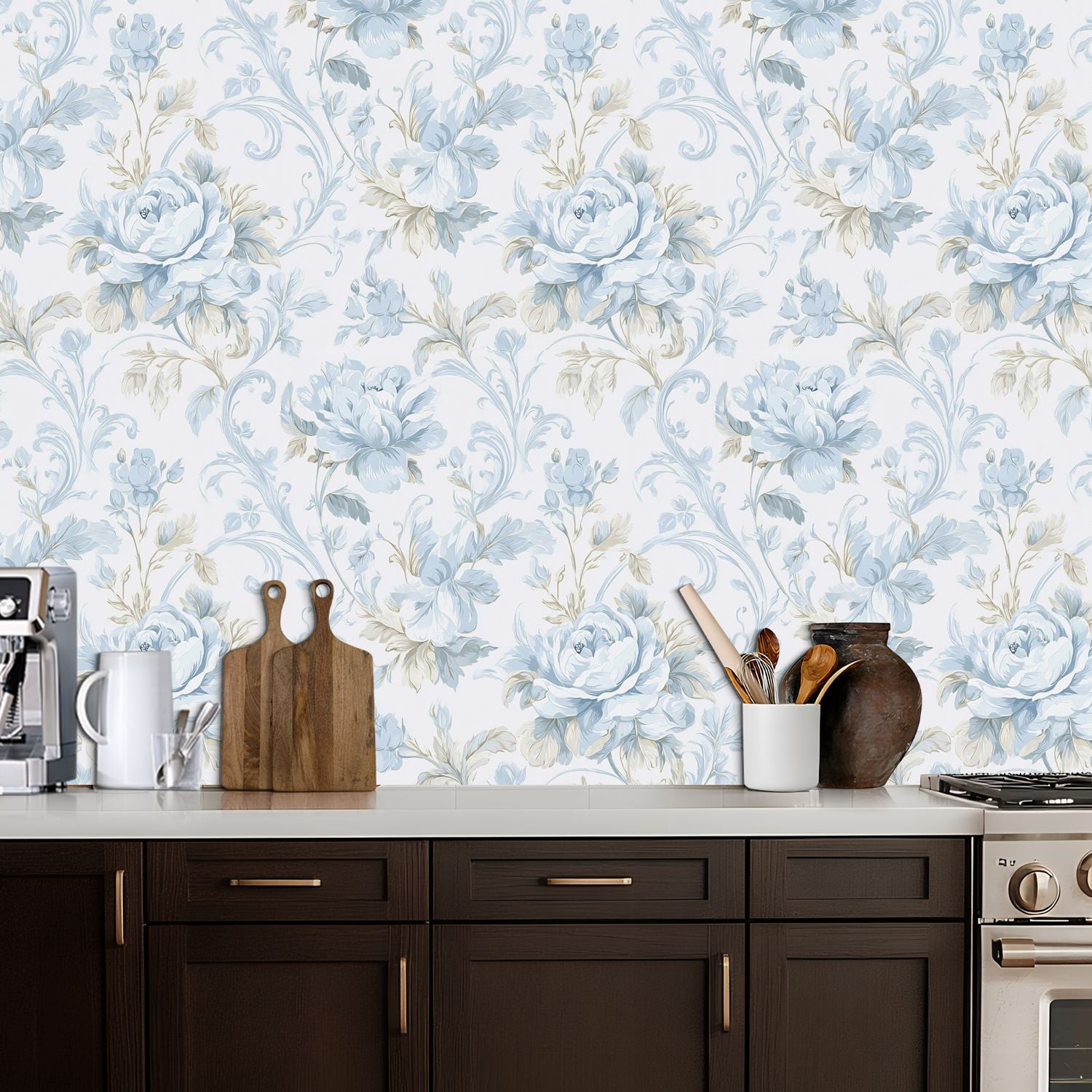 Vintage Peel and Stick Wallpaper Vintage Blue Floral Roses Leaves Light Wall Mural 17.7in x 9.8ft Self Adhesive Removable Wall Paper Renter Friendly Wallpaper for Nursery Bedroom Cabinets