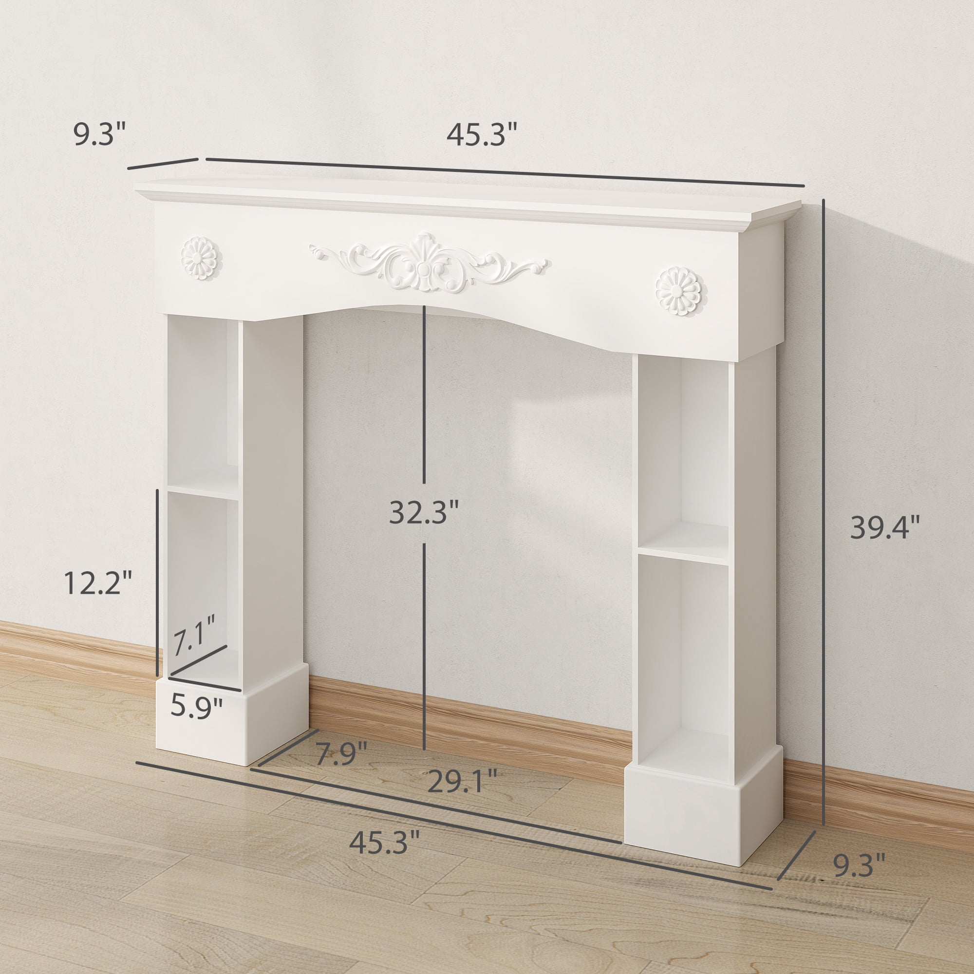 HOMCOM Baroque Fireplace Mantel, Freestanding Fireplace Surround for Electric Fireplaces, with Leg, 45.3" W x 39.4" H, White